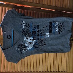 G By Guess Brand Women's Grey V-Neck T-shirt With Blue, Black & White-NWOT